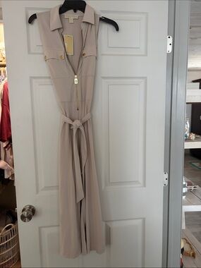 Michael Kors Sleeveless Beige Maxi Jumpsuit with Gold Zip & Tie Waist